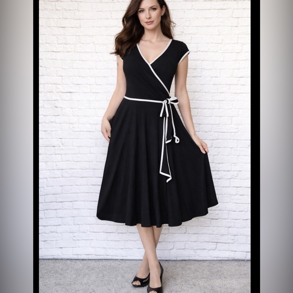 Cherish Black Midi Dress with gray Trim flowy SMALL NEW